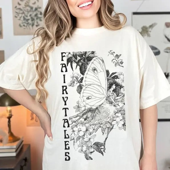 Fairytales Tee - Bookish merch - book lover - happy ending - fae, fairy, fairies - Fairytale - fantasy Unisex Garment-Dyed T-shirt