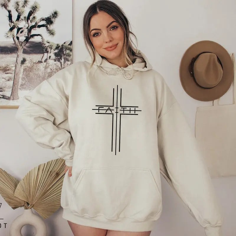 Faith Cross Sweatshirt, Christian Sweatshirt, Bible Verse Hoodie, Christian Gift, Jesus Sweatshirt Cotton Polyester Womenswear Light