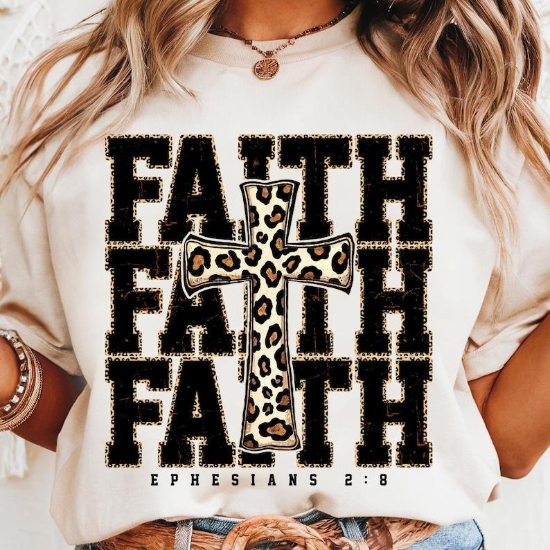 Faith Cross Tshirt, Leopard Print Christian Shirt, Faith-Based Shirt, Inspirational Religious Scripture Tee