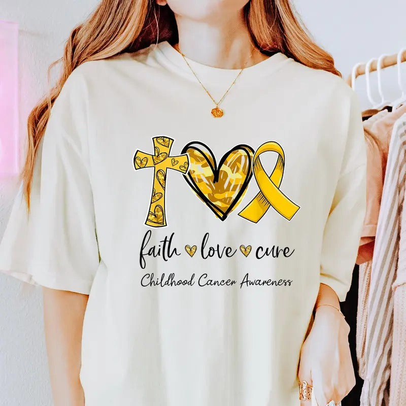 Faith Love Cure Shirt Faith Love Cure Gold Ribbon Childhood Cancer Awareness Tee Childhood Cancer Awareness Shirt Childhood Cancer Shirt