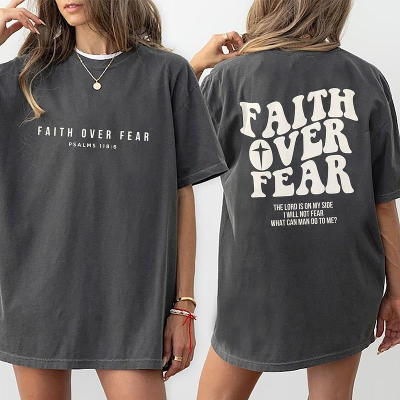Faith Over Fear Christian Shirt, Christian Cotton Fabric Outfit, Christian Shirt Casual Style, Bible Verse Spiritual Tshirt, Christian Top For Women, Comfort Fit Womenswear Shirt