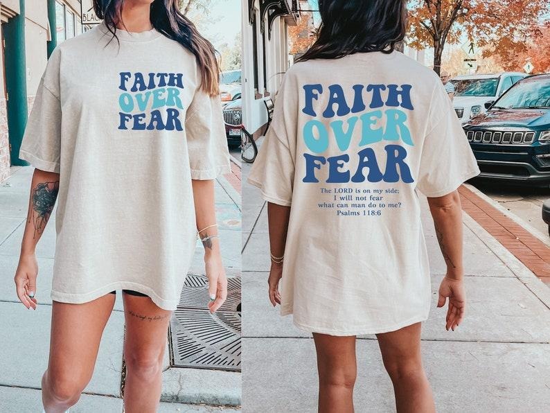 Faith Over Fear Shirt - White Cotton Top with Blue Text, Short Sleeve, Comfortable Summer Wear, Religious Design, Women's Womenswear