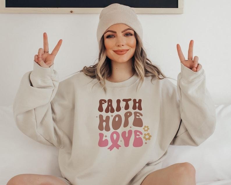 Faith Over Fear Sweatshirt , Pink Ribbon Sweatshirt, Breast Cancer Awareness Month, Breast Cancer Survivor Gift, Cancer T-shirt, sweater and Hoodie