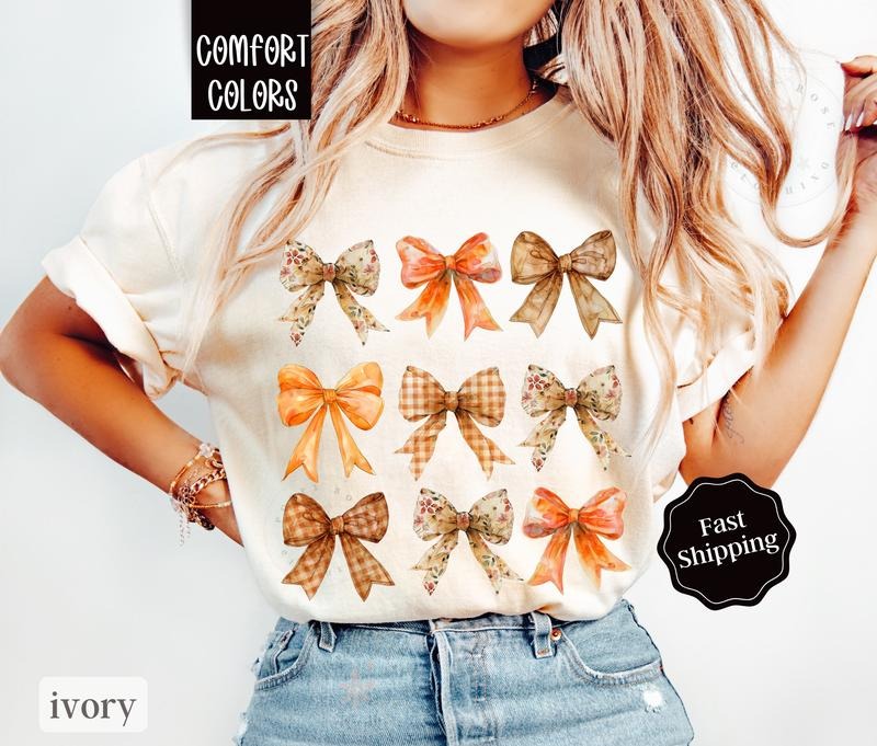 Fall Bow Shirt Comfort Colors, Autumn Women's Tshirt, Fall Oversized Womens Tshirts fall coquettestyle{n002}2