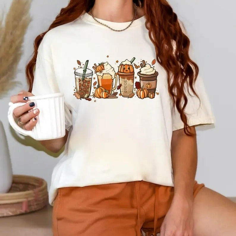 Fall Coffee Pumpkin Shirt, Halloween Shirt, Coffee Latte Shirt, Fall Shirt,Retro Halloween Shirt,Pumpkin Shirt