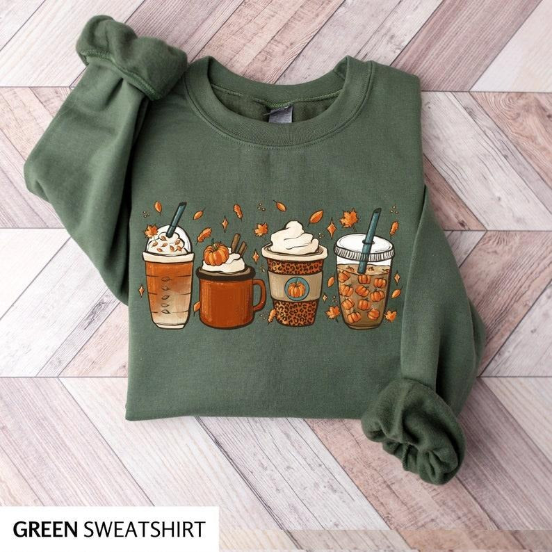 Fall Coffee Sweatshirt for Women, Vintage Thanksgiving Sweater, Fall Crewneck Pumpkin Spice Sweatshirt, Hoodie and Sweater; T-shirt Cotton Womenswear
