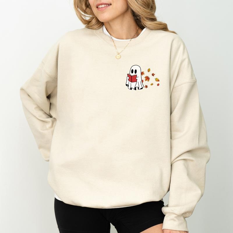 Fall Ghost Reading Book Sweatshirt, Reading Ghost Sweatshirt, Funny Ghost Fall Sweater, Spooky Season Crewneck For Girls, Cute Sweatshirt For Book Lover, Bookish Women's Tops, Comfy Long Sleeve Pullover, Fit Chic Casual Womenswear, Soft Fabric Cotton Tops