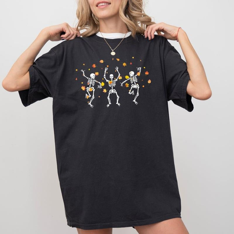 Fall Leaves Dancing, Skeletons, Ghost, Witch, Skull, Aesthetic, Meme, Halloween, Costume, Tshirt, Women's, Comfort Colors Tee, Spooky, Tshirt, Witch, Pumpkin, Ghost, Skeleton