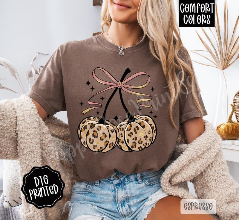 Fall Leopard Cherries Shirt Comfort Colors, Trendy Autumn Bow Tshirt