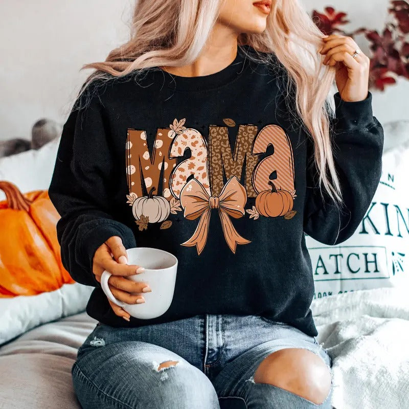 Fall Mama Coquette Pumpkin Sweatshirt, Boho Retro Fall Vibes Sweater, Holiday Season Crewneck Cozy Shirt, Mom Mama Fall Gifts for Her