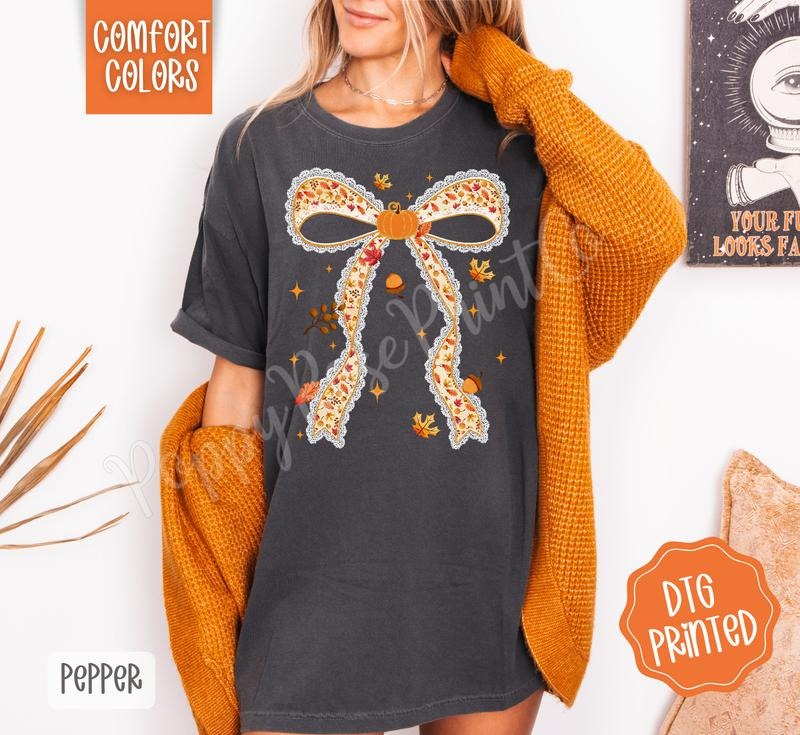 Fall Pumpkin Bow Shirt Comfort Colors, Trendy Coquette Autumn Tshirt