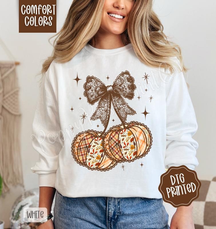Fall Pumpkin Cherries Comfort Colors Sweatshirt, Trendy Autumn Bow Crewneck