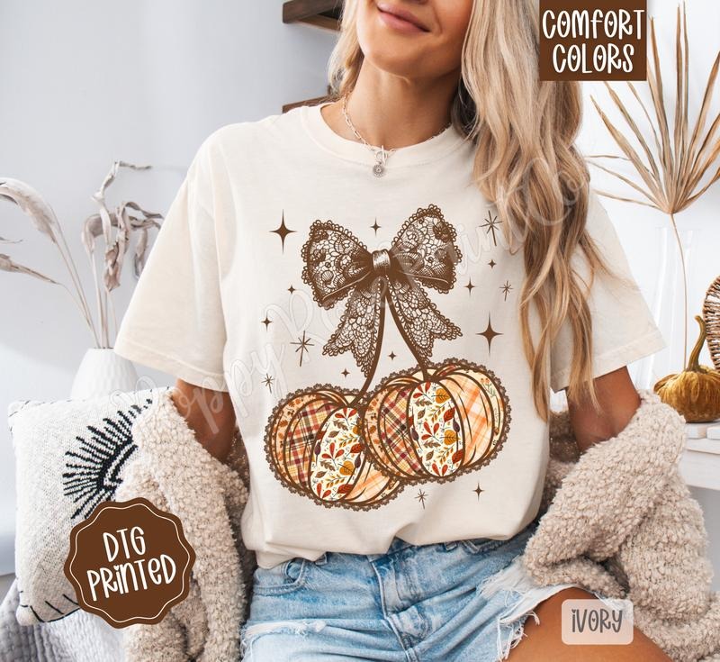 Fall Pumpkin Cherries Shirt Comfort Colors, Trendy Autumn Bow Tshirt