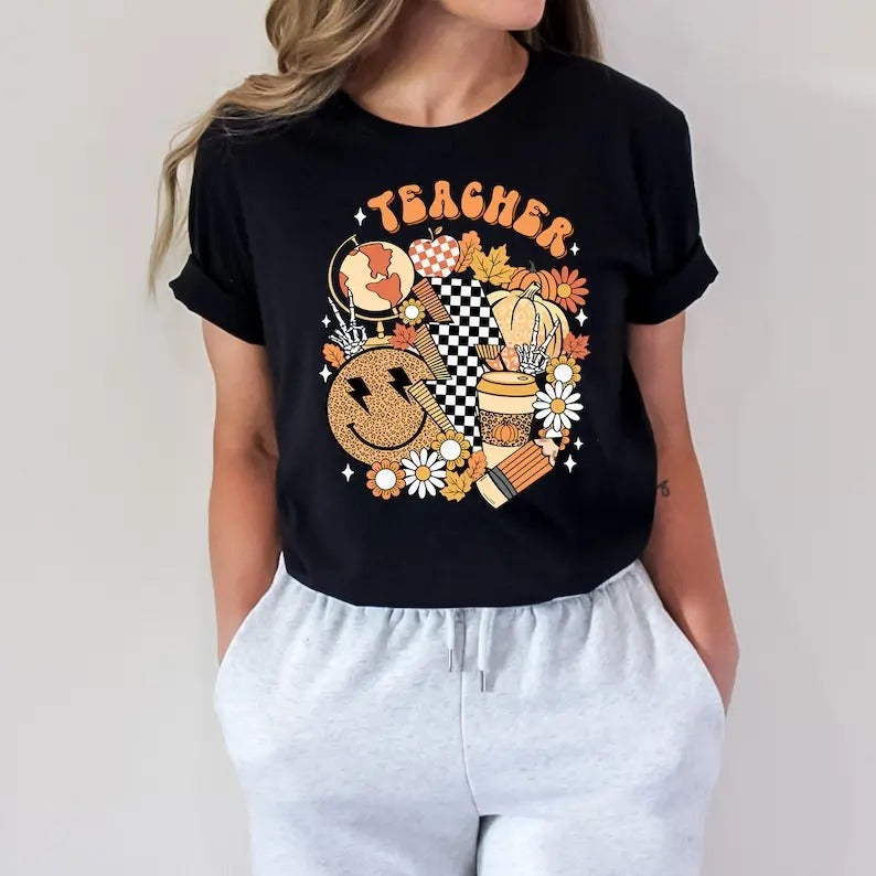 Fall Teacher Shirt, Retro Fall Vibes Teacher T-shirt, Back To School Shirt, Autumn Shirt, Retro Smiley Teacher Shirt,...
