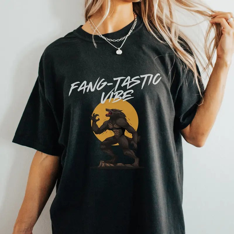 Fang-tastic Vibes Halloween Tshirt Funny Wearwolf Oversized Pump Cover For Gym Halloween Night Cool Halloween Fantastic Vibe Shirt