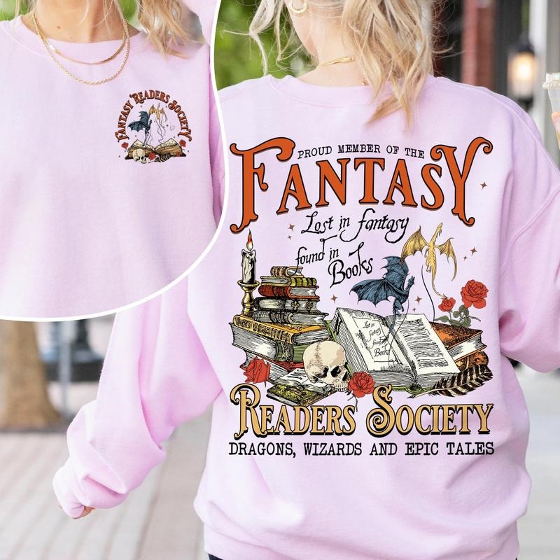 Fantasy Readers Book Club Sweatshirt, Dragons Fantasy Reader Hoodie, Bookish Gift for Romance Readers, Vintage Reading Womenswear Soft Crewneck Pullover Long Sleeves Graphic Fabric Sweater