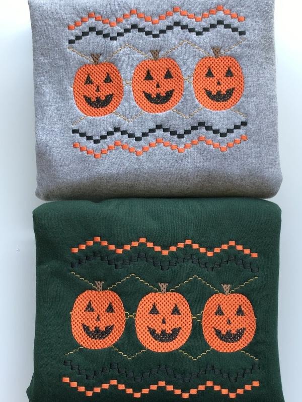 Faux Smocking Jack O' Lanterns Embroidered Sweatshirt | Halloween Pumpkin Sweater | Cozy Fall Pullover | Autumn Embroidered Jumper | Spooky Season Apparel