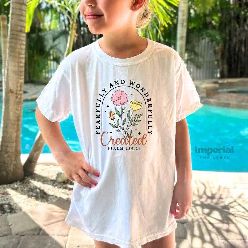 Fearfully and Wonderfully Created Youth Sweatshirt and Kid's Comfort Colors T-Shirt, Christian Bible Verse Crewneck, Faith-Based Kids Pullover, Cozy Inspirational Sweatshirt, Religious Kids Apparel, Youth Sweatshirt