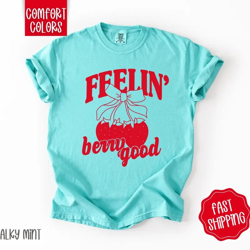 Feelin' Berry Good Shirt Comfort Colors, Cute Strawberry Bow Tshirt, Trendy Coquette Women's Tee, Gift for Her