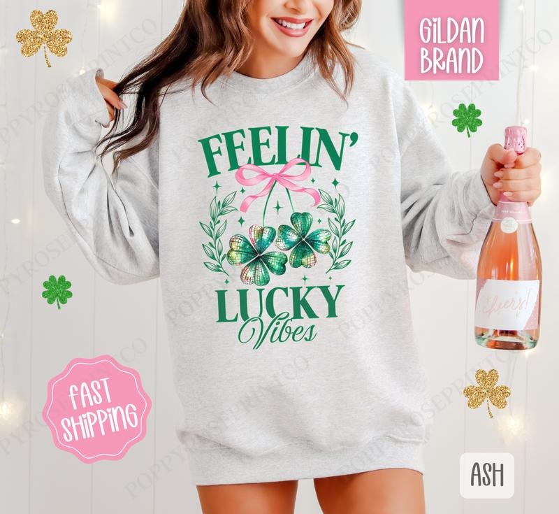 Feelin' Lucky Vibes Sweatshirt, St Patrick's Day Crewneck, Cute Women's Sweater