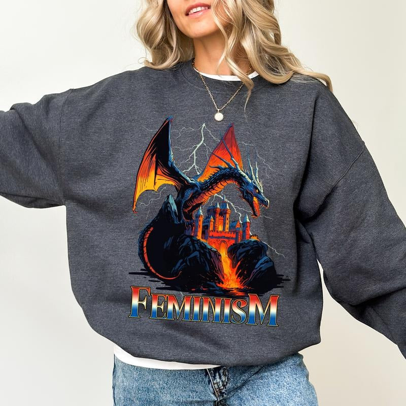 Feminism Dragon Fantasy Sweatshirt, Aesthetic Dragon Graphic Tops, Feminist Sweaters for Women, Women's Rights Pullover, Girl's Power Womenswear