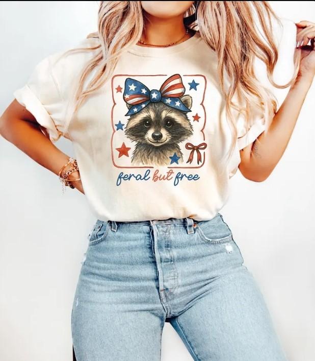 Feral But Free Raccoon Shirt, Funny 4th of July Tee, Patriotic Raccoon Shirt