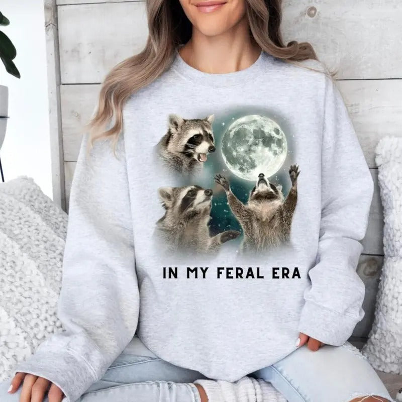 Feral Era Racoon Crew Neck Sweatshirt or Short Sleeve Graphic TShirt Crew Neck Crew Neck Crewneck Funny Shirt, Stupid Shirt Womenswear Tops
