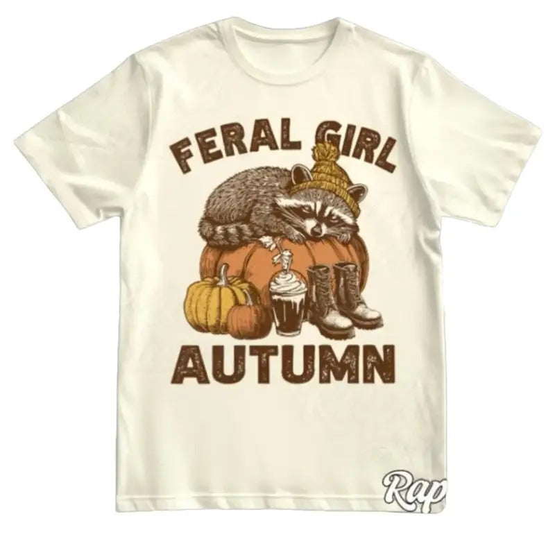 Feral Girl Autumn Racoon Vintage Shirt, Retro 90s Fall Tshirt, Cute Halloween Pumpkin Graphic Tee, Thanksgiving Outfit Cotton Womenswear Light Polyester