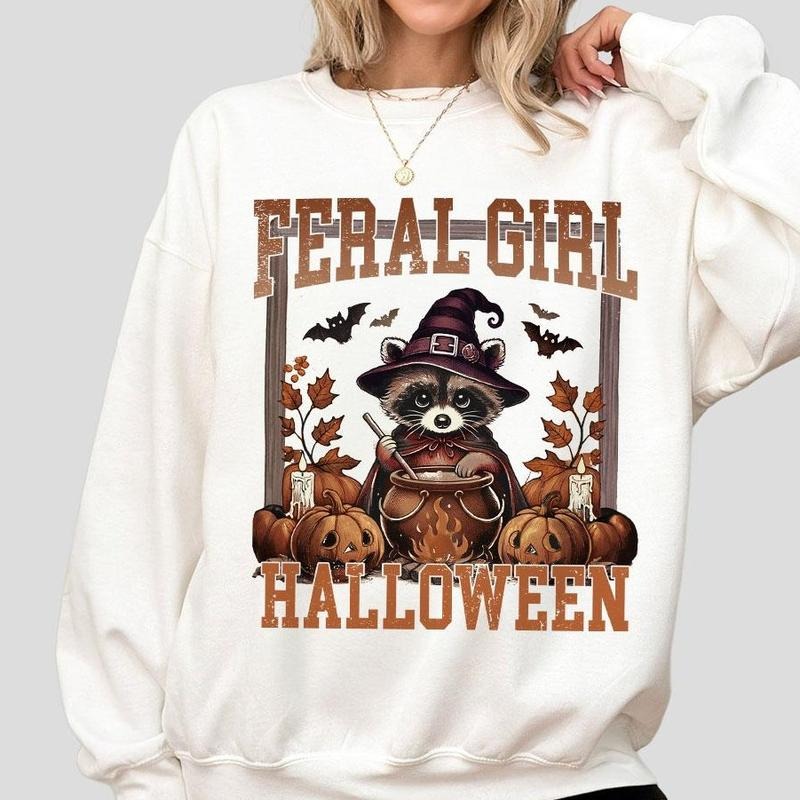 Feral Girl Halloween Sweatshirt, Shirt For Women, Halloween Sweatshirts, Raccoon Halloween Shirts, Pumpkin Sweatshirt For Her, Funny Halloween T-shirt, Cute Tee Shirt, Gifts For Women, Funny Raccoon Shirt, Women's Top