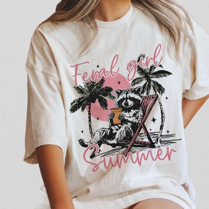 Feral Girl Summer Raccoon Shirt, Funny Meme Raccoon TShirt, Summer Shirt, Comfort Shirt for Women, Beach TShirt, Summer Vacation TShirts, Feral Shirt, Feral Raccoon Tee, Feral Wife, Feral Mom, Cowgirl Shirt, Raccoon Lovers, Funny Raccon Tee, Women Top