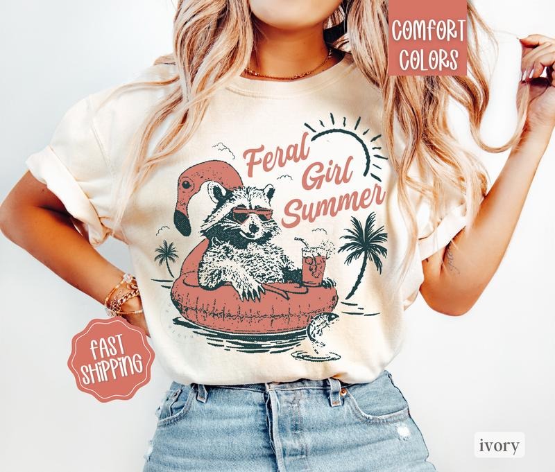 Feral Girl Summer Shirt Comfort Colors, Beach TShirt, Funny Raccoon Tee, Oversized Graphic Tshirt