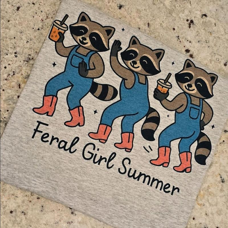 Feral girl summer Cute Raccoon Graphic Tee
