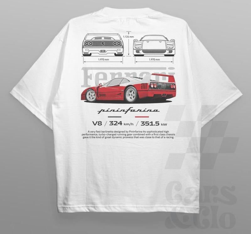 Ferrari F40 Pininfarina Aesthetic Tshirt, Ferrari F40 Blueprint T-Shirt, Ferrari F40 Vintage Shirt Menswear Top Underwear Streetwear Red Crewneck Round Neck Shortsleeve Tropical Operator Casual