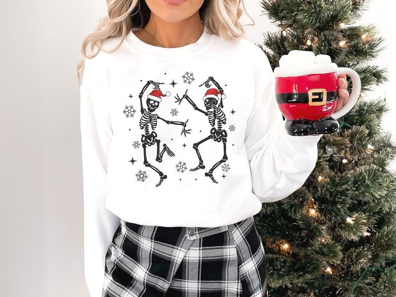 Festive Dancing Skeleton Santa Hats Sweatshirt - Unique Holiday Apparel - Fun and Whimsical Christmas Gift