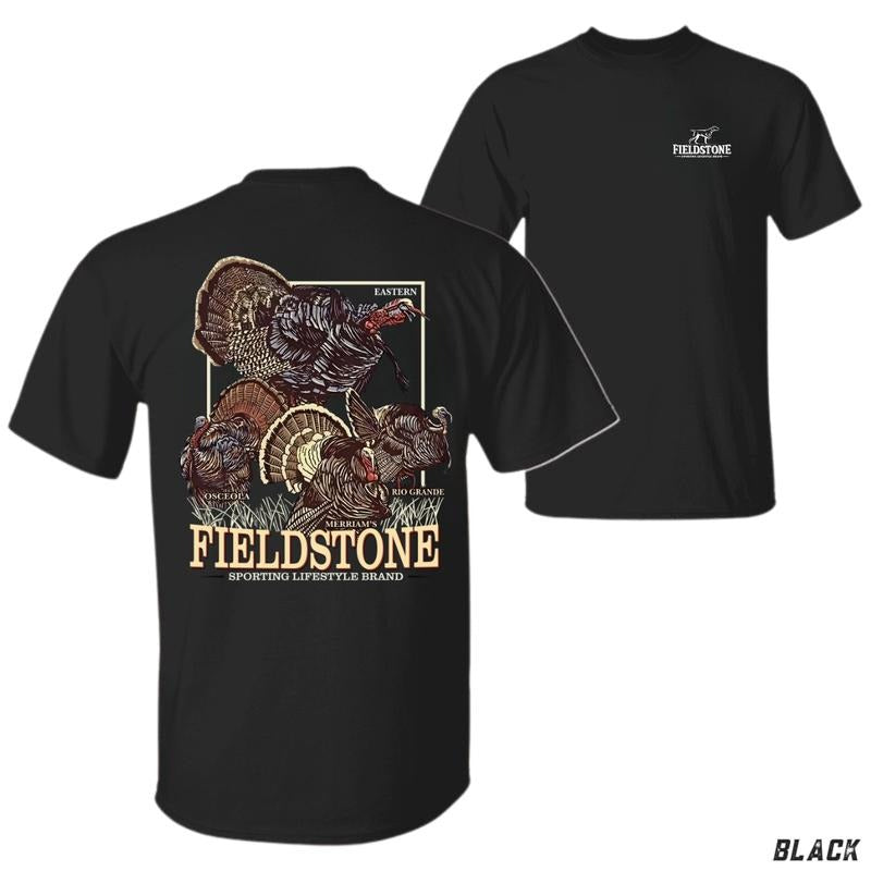 Fieldstone Wild Turkey Species Tee - Classic 100% Cotton Embroidered Crewneck Short Sleeve Tshirt for Hunters Men's Streetwear