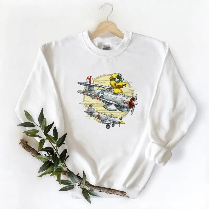 Fighter Plane With Duck Pilot Unisex Tshirt Sweatshirt Hoodie, for duck hunters, husbands and Mallard duck lovers Cotton Womenswear