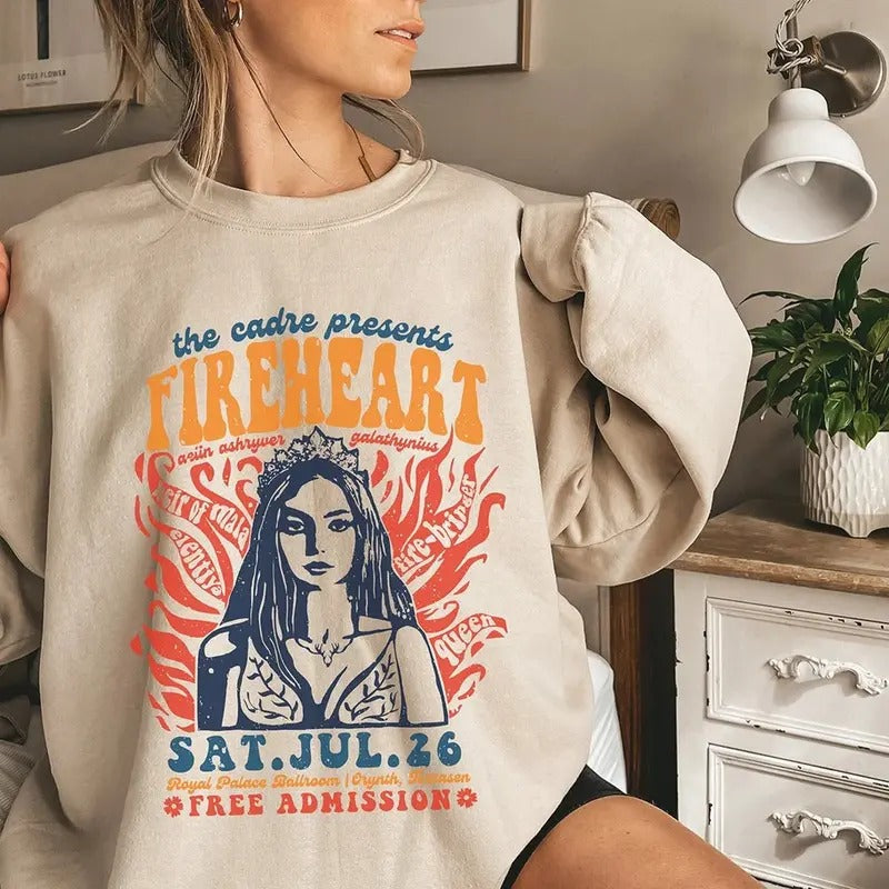 Fireheart Retro Music Festival Crewneck Sweatshirt, Vintage Boho Book Gift, Throne of Glass Hoodie, ToG Sarah J Maas Sjm Manon Crewneck, Aelin Rowan Thirteen Womenswear Sweater, Rhysand Fangirl Gift, Heir of Fire Merch, Rattle The Stars Shirt