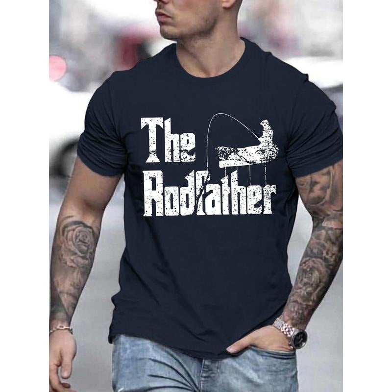 Fishing Theme Casual Polyester T-Shirt with Rodfather Print for Men - Crew Neck, Slight Stretch, Knit Fabric, Summer Wear Made in USA