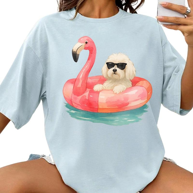 Flamingo Float White Maltese Shirt ~ Unisex Apparel Relaxed Fit Printed In The USA Clothing Womenswear Casual Comfort Cotton Top Athletic Boho Chic