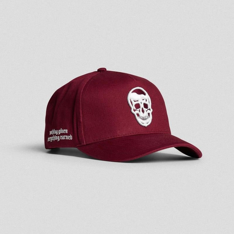 Flexfit 5-Panel Burgundy Cotton Skull Hat - Embossed Buckle
