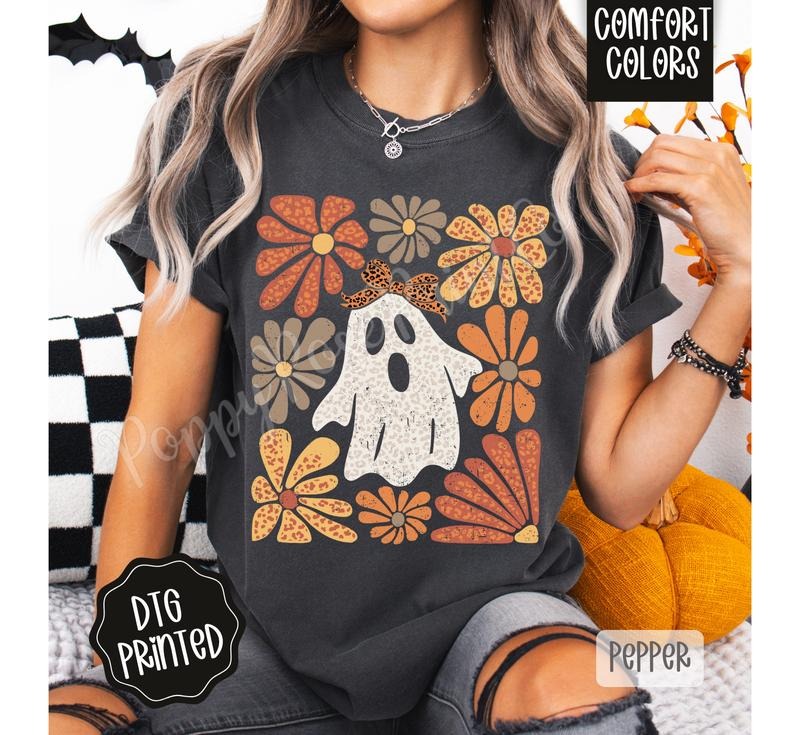 Floral Abstract Ghost Comfort Colors, Trendy Women's Halloween Tshirt