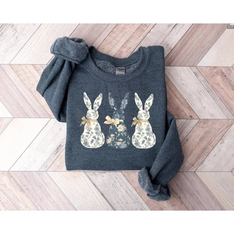 Floral Blue Bunny Sweatshirt, Cute Easter Bow Crewneck, Retro Crewneck, Gift For Lovers,, Trendy Top