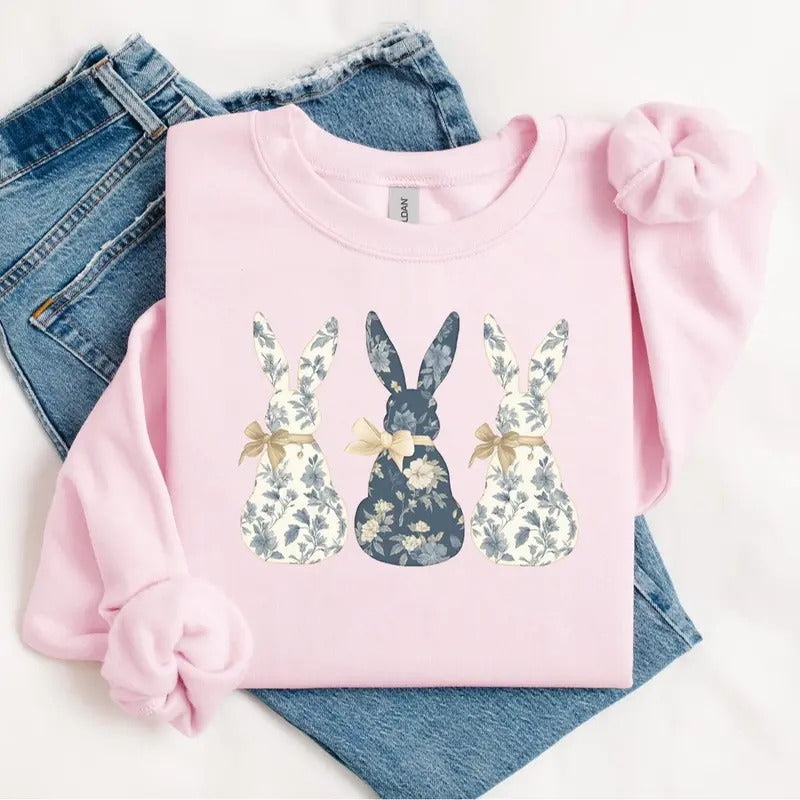 Floral Blue Bunny Sweatshirt, Trendy Bunny Women's Sweater, Coquette Easter Bunny Sweatshirt, Gift For Her, Nurse Crewneck, Gift For Nurse