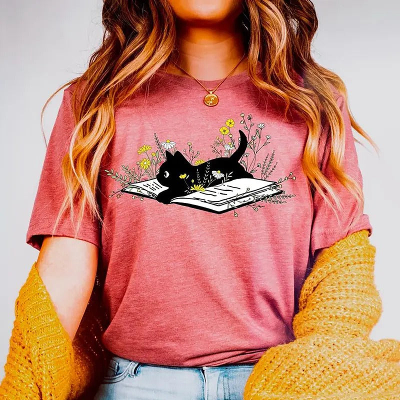 Floral Book Cat Shirt, Bookish Sweatshirt, Book Lover T-Shirt, Cute Cat Book Tee, Cat Lover Sweater, Reading Merch, Librarian Shirt