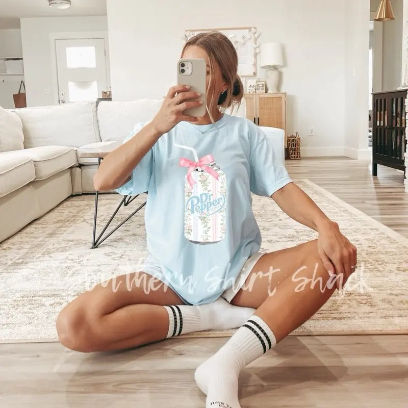 Floral Bows Dr Pepper t shirt | light blue comfort colors shirt