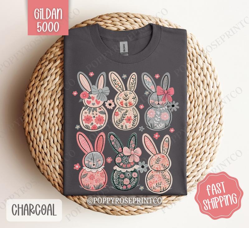 Floral Bunnies Shirt Gildan, Easter Women's Tee, Cute Women's Tshirt Plus Sizes