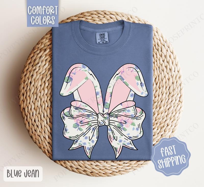 Floral Bunny Bow Shirt Comfort Colors, Easter Tshirt, Trendy Coquette Tee, Gift for Her