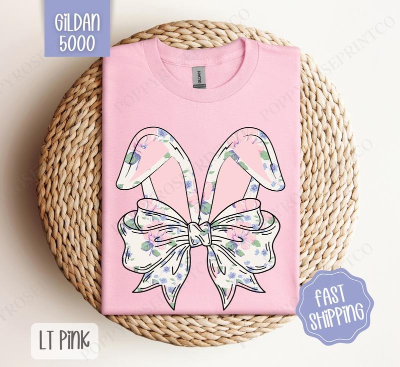 Floral Bunny Bow Shirt Gildan, Cute Easter Tee, Trendy Coquette Women's Tshirt Plus Sizes, Gift for Her