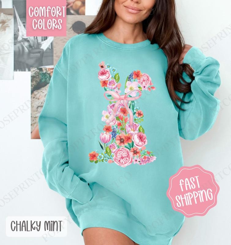 Floral Bunny Comfort Colors Sweatshirt, Cute Easter Women's Crewneck, Trendy Bunny Women's Sweater, Gift for Her