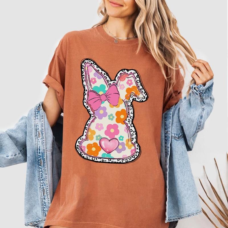 Floral Bunny Easter Shirt, Cute Spring Bunny Tee, Pastel Easter Outfit for Women, Colorful Bunny Graphic Shirt